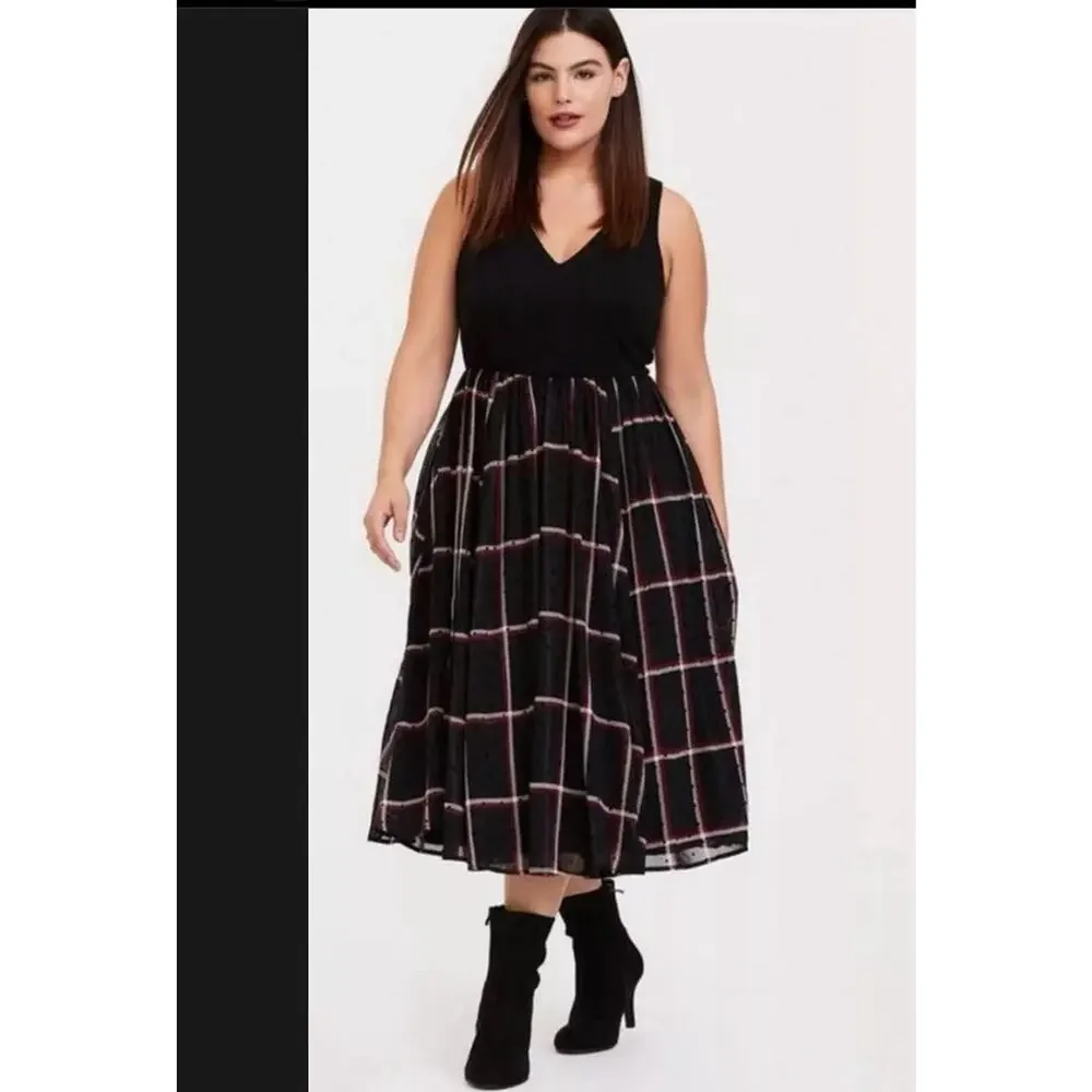 SOLD Torrid Midi Chiffon Skater Dress Sleeveless Mixed Media Plaid - Picture 1 of 1